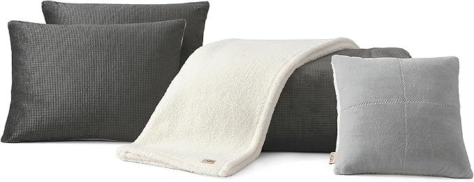 UGG Full/Queen Comforter Set 5 Piece Bed in a Bag with Throw Blanket, Decorative Pillow, Shams, Reversible Hypoallergenic Washable Luxury Warm Fluffy Bedding Set, Charcoal Grey (Remina)