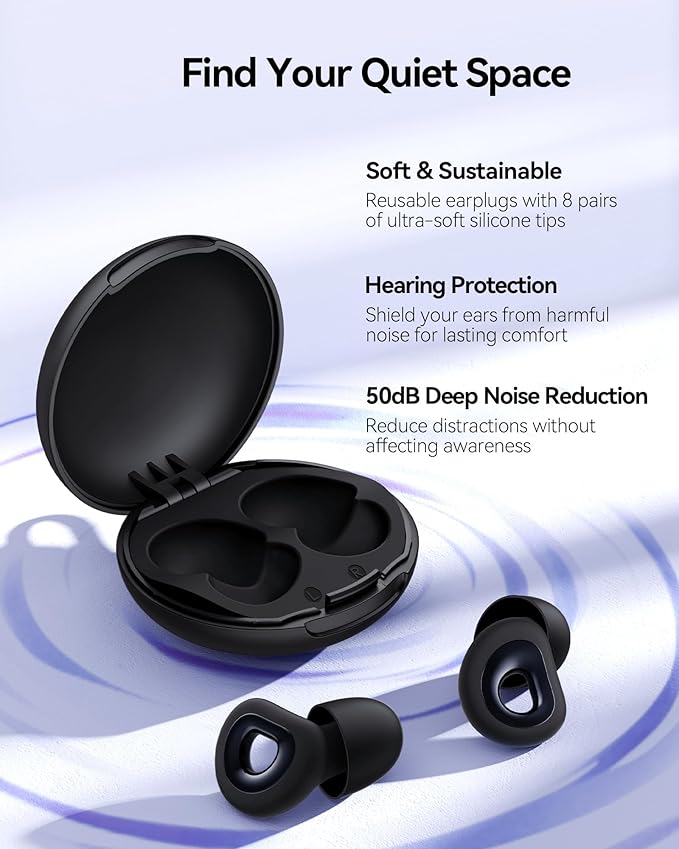 50dB Ear Plugs for Sleeping, Ultralight Noise Cancelling Ear Plugs with 7 Tips (2 Types) Earplugs for Sleep for Concert, Work, Airplane, Hearing Protection Earplugs for Noise Reduction Black
