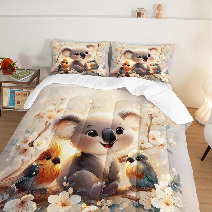 Kawaii Koala Bedding Set,Cartoon Koala Parrot Floral Pattern King Size Bed Set for Kids Girls Boys Room Decor,Cute Beddings with 2 Pillowcases.