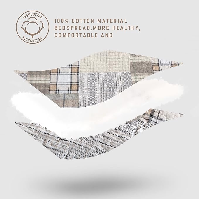 KALOOLA 100% Cotton Quilts Queen Size, Farmhouse Brown Plaid Queen Quilted Bedding Set 3 Pieces, Rustic Lightweight Bedspread Coverlet with 2 Pillowshams for All Season