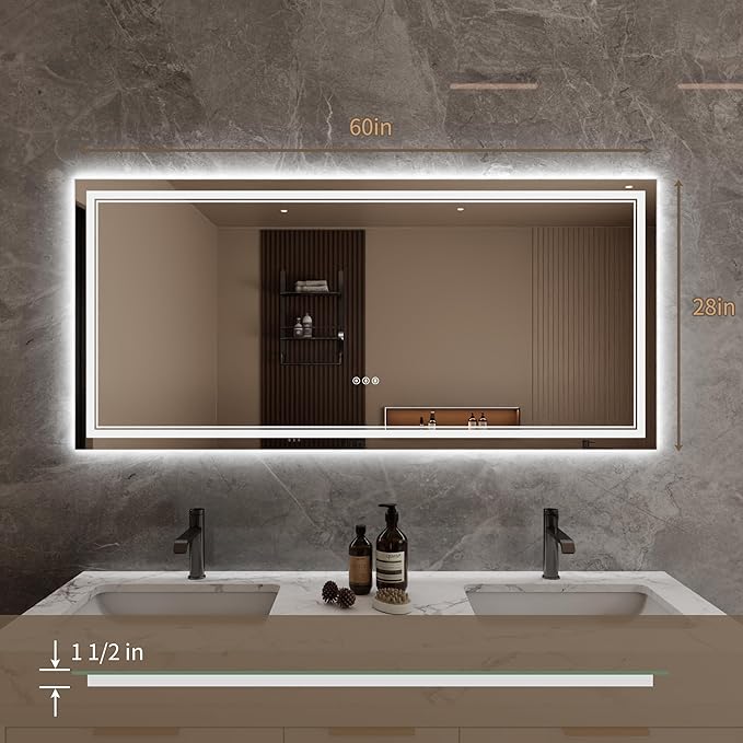 Bathroom Mirror with Lights 28"X60" with Front Light and Backlit, Tempered Glass, Wall Mount Horizontal/Vertical, Stepless Dimmable, 3 Colors, Anti Fog, Bathroom Memory LED Mirror