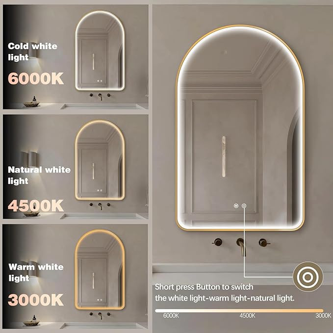 Niccy Arched LED Bathroom Mirror, 48"x30" Gold Framed Arch Wall Lighted Mirrors, Arching Frontlit Vanity-Mirror with Memory Function for Bathroom Bedroom, Defogger and 3 Color, Explosion-Proof