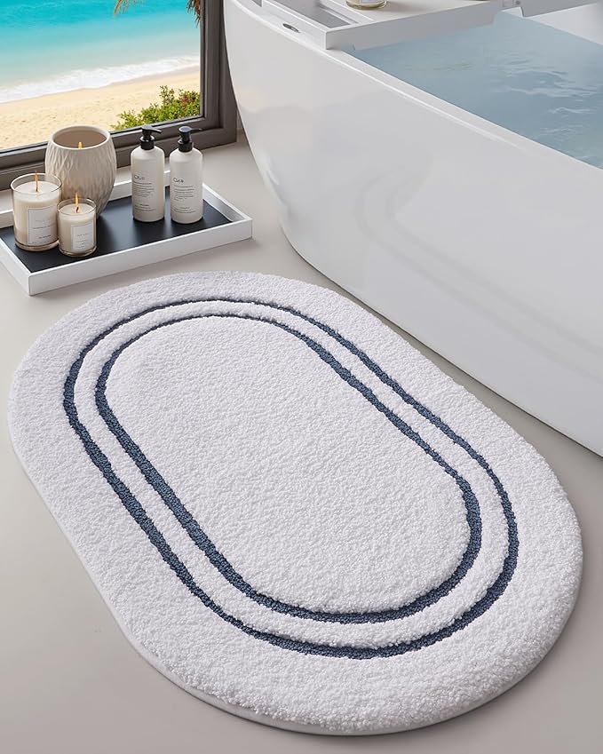 DEXI Oval Bath Mats for Bathroom, 24x36 Absorbent Bath Mat, Washable Microfiber Bathroom Rug with Non Slip Backing for Shower Floor, Navy