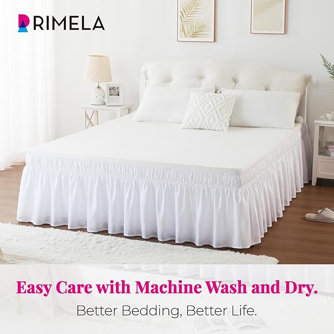 RIMELA White Bed Skirt King Size 18 Inch Drop, Elastic Bed Skirting for Bed Base and Frame, Bedding Dust Ruffle Easy to Install, Lightweight Wrap Around Adjustable Bedskirt