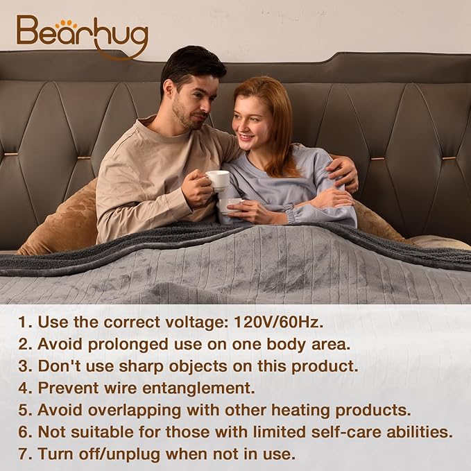 Bearhug Heated Blanket King Size 100" x 90" Dual Controller Electric Blanket, Velvet & Sherpa 10 Heating Levels & 1-12H Auto Off, Over-Heat Protect, ETL, Machine Washable