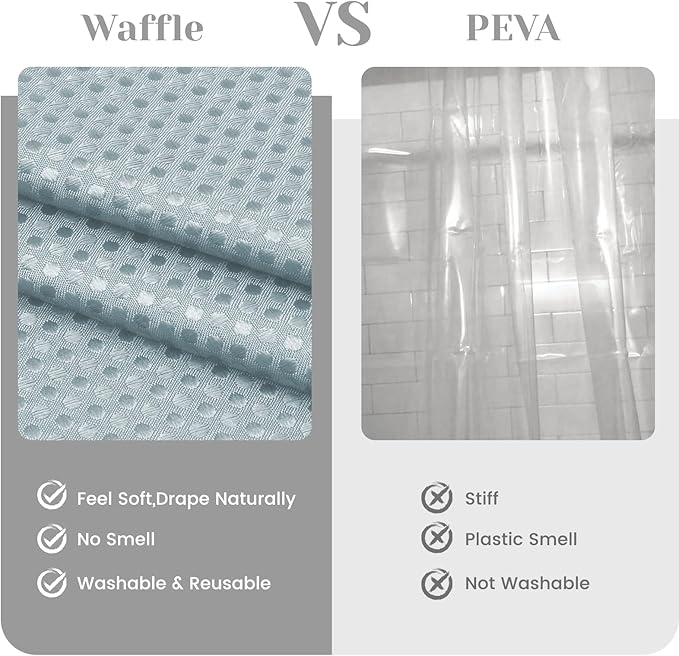 No Hook Shower Curtain with Snap in Liner Set Waffle Shower Curtain for Bathroom Hotel Style Fabric Waterproof Inner Liner，71" W x 74" H, Fog Blue