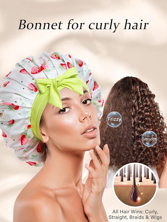 Floral Satin Bonnet For Sleeping Women Double Layer Pleated Design Adjustable Shower Cap For Curly Hair Black White Stripes