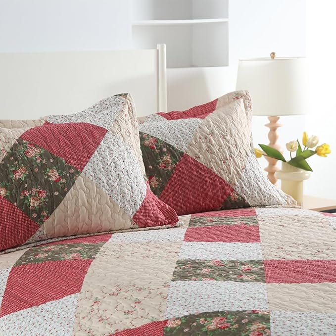 ENASAL Cotton Bedspread Quilt Bedding Sets Reversible Coverlet Sets Comforters Rose Floral Purple White Patchwork Pattern Bedspread for All Season, King Size