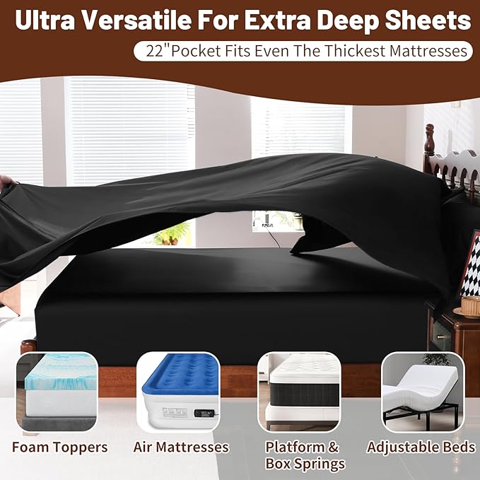 Extra Deep Pocket Queen Sheets 18-24 Inch 1000 Thread Count 100% Egyptian Cotton Sateen Weave Soft Breathable 4 Pieces（Queen,Black）