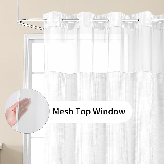 Colorful Star Small Stall Shower Curtain with Snap in Fabric Liner, Waffle Weave No Hook Shower Curtains with Mesh Top Window, Hotel Style Waterproof Bathroom Curtain Set, 36 x 75 Inch, White