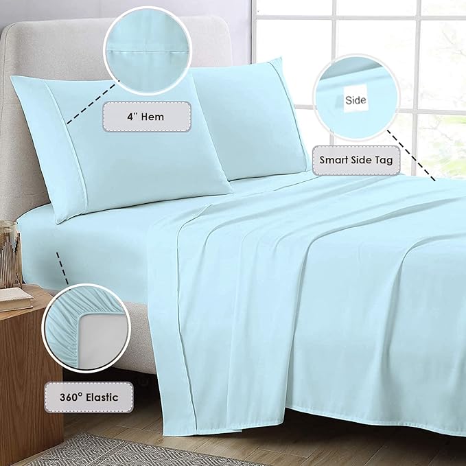Pizuna Pure 100% Cotton Sheets, Full Size - 800 Thread Count Long Staple Cotton Crisp Sateen - 15 inch Deep Pocket (Combed Cotton, Baby Blue)