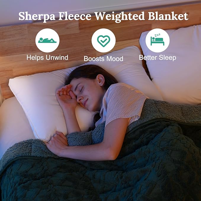 Sherpa Fleece Adult Weighted Blanket Great for Sleep, 15 lbs Dual Sided Soft Fuzzy Heavy Blankets for Couch Bed Sofa, Cozy Warm Fluffy Jacquard Throw for Winter (Green, 60" x 80", 15 Pounds)