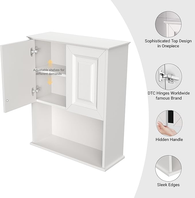 Bathroom Wall Cabinet Wooden with 2 Doors,Over the Toilet Storage Cabinet,Bathroom and Laundry Wall Mount Storage Medicine Cabinet with Open and Adjustable Shelf,Easy Assembly (Style B-1 PC, White)