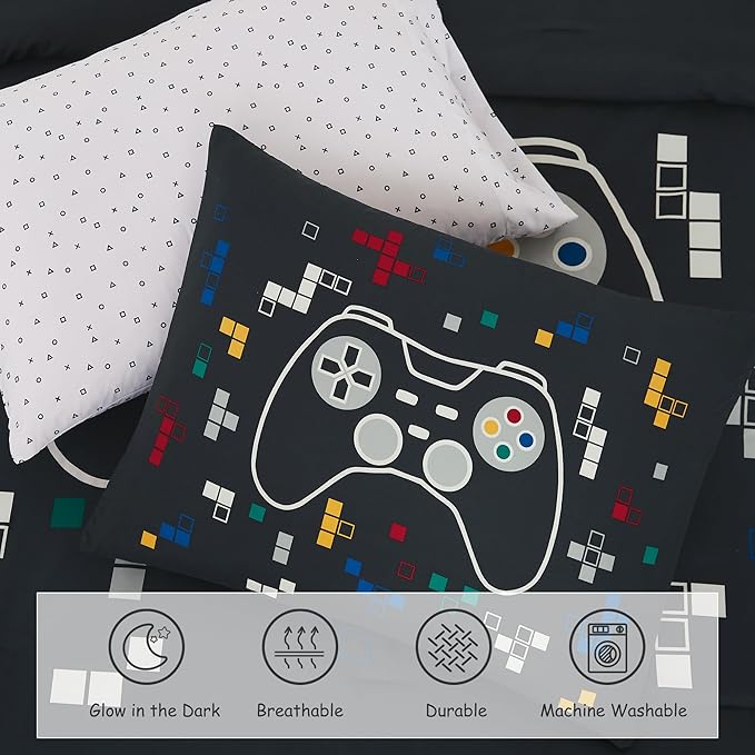 Full Size Comforter Set for Boys-7 Pieces Gamer Glow in The Dark Full Bedding Sets for Kids, Ultra Soft Bed in A Bag with Sheets