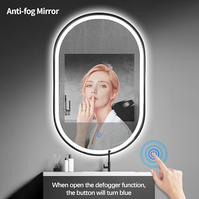 32"x20" Oval LED Bathroom Mirror with Lights, Black Anti Fog Lighted Vanity Mirror Wall Mounted, Stepless Dimmable LED Oval Mirror, Memory, ShatterProof, Front/Backlit, Horizontal/Vertical