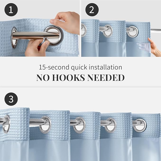 River Dream Misty Blue Fabric Shower Curtain Set, Cotton Blend, Waffle Weave, with Snap in Replacement Liner，71 x 74 inches