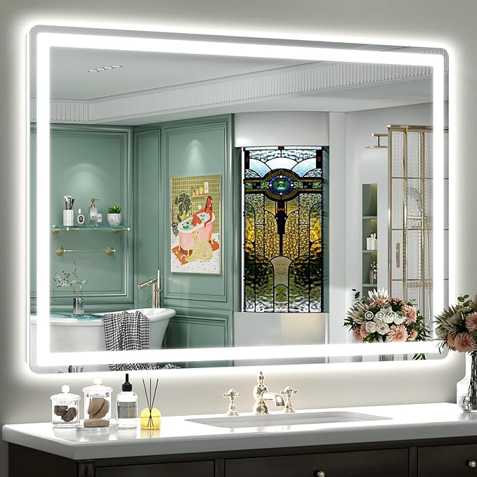 SMIROR LED Bathroom Mirror with Lights 44"x 30", Rounded Rectangle Lighted Vanity Mirror for Wall, Front Lit and Backlit, 3 Colors, Dimmable, Anti-Fog, Tempered Glass (Horizontally/Vertically)