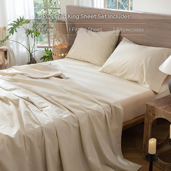 MooMee Bedding Sheet Set 100% Washed Cotton Linen Like Textured Breathable Durable Soft Comfy (Heathered Almond Milk Grey, Twin)
