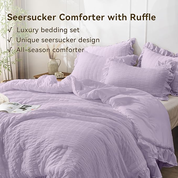 JOLLYVOGUE Lavender Queen Comforter Set, 3 Pieces Seersucker Comforters Queen Size, Lightweight & Fluffy Bedding Sets Queen for All Season with 1 Ruffle Comforter and 2 Ruffle Pillowshams