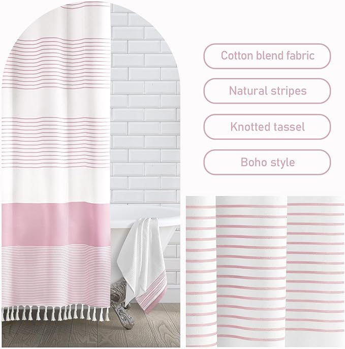 Awellife Boho Pink Shower Curtain for Bathroom Stripe Tassel Shower Curtain 72 X 72 Inches Farmhouse Cotton Girls Coral