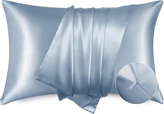 Bedsure Satin Pillowcase with Zipper, Similar to Silk Pillow Cases 2 Pack, Satin Pillow Cases Queen, Silky & Soft Bedding Pillow Covers for Hair & Skin, Gifts for Women Men, Stone Blue, 20x30 Inches