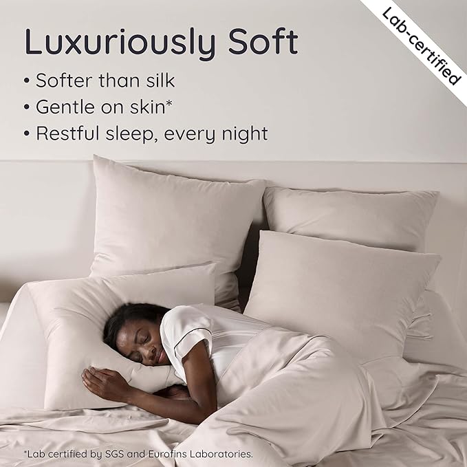 Bambaw 100% Viscose Derived from Bamboo Sheets Queen Size Set – 6pcs Cooling Queen Sheet Set, Deep Pocket Fits Up to 16'' with Elastic Corner Straps, Soft Sheets (Sand)