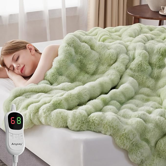 Heated Blanket Throw with 1/2/4/6/8 Hours Auto-Off 10 Heat Level, 72'' * 84'' Cozy Faux Rabbit Fur Bubble Electric Blanket with Overheat Protection(Tie-Dye Green)