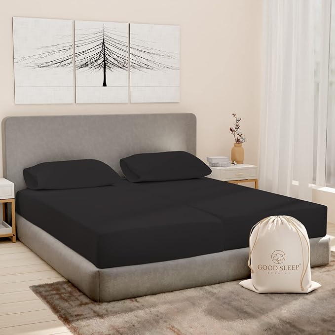 Good Sleep Bedding Split King Sheets Set, Egyptian Cotton, Luxury Sheets, 5 Piece, 2 Fitted - 16" Deep Pocket, Dark Gray