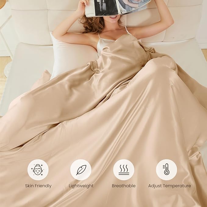 THXSILK 100% Pure Mulberry Silk Duvet Cover Set 3 Piece, 6A+ Grade Luxury Soft Bedding Silk Sheets for Hair and Skin, 1 Pcs Duvet/Quilt/Comforter Cover with 2 Zippered Pillowcases (Champagne, Twin)
