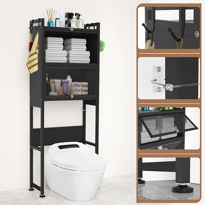 ZZL Over The Toilet Storage Cabinet,3-Tier,Bathroom Toilet Organizer,Waterproof, Cabinet Door Design,Freestanding Space Saver with 4 Hooks for Bathroom,Black