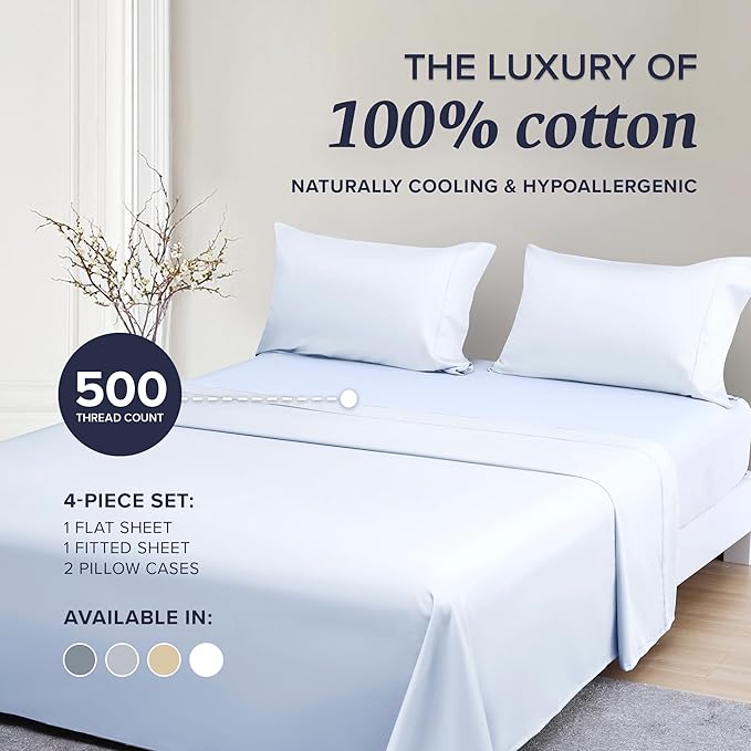Beckham Hotel Collection King Sheet Set 100% Cotton, 500TC Luxury Sateen Bedding, 16” Deep Pocket, Moisture-Wicking, 4-Piece, White