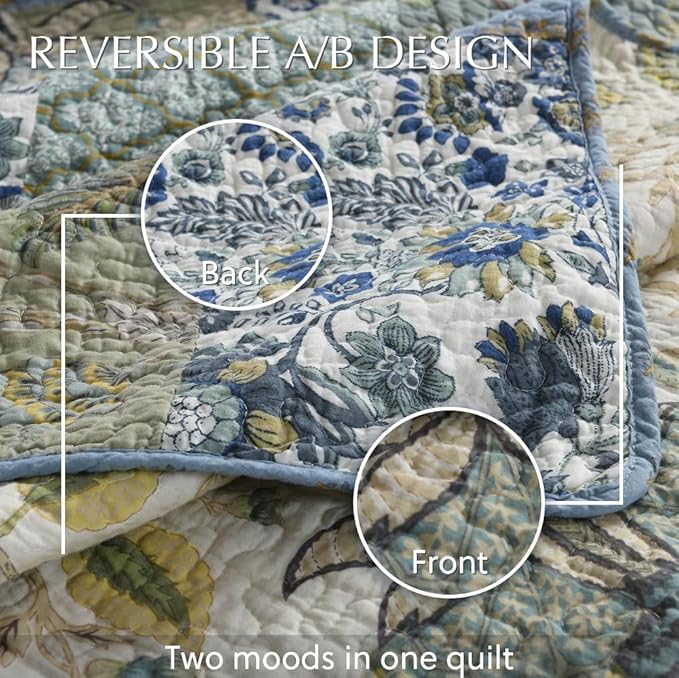 Cotton Bedspread Quilt Bedding Sets 3 Pieces Reversible Coverlet Sets Comforters Rustic Paisley Floral Patchwork Sage Green Bedspread, King Size