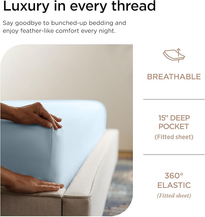 Threadmill 100% Cotton Sheets for Twin XL Size Bed - 600 Thread Count Twin XL Bed Sheets Set with 15” Deep Pocket - Sateen Weave 3-Piece Bedding Set with Cooling Effect, Blue