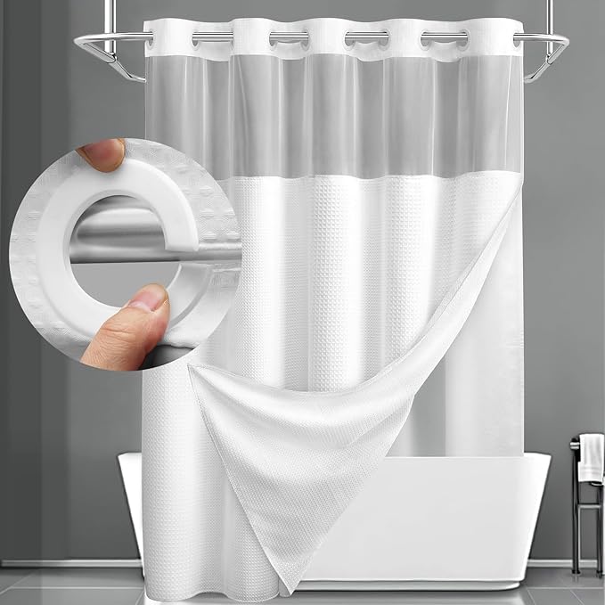 YellyHommy No Hook Shower Curtain with Snap in Fabric Liner Set Less Time White Waffle Shower Curtain for Bathroom 78" L x 72" W