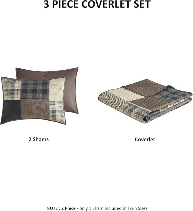 Woolrich Quilt Set Patchwork Channel Quilting, Cottege Coverlet for Twin Size Bed All Seasons, Lightweight Prewashed Cotton Coverlet Bedspread, Shams, Winter Hills, Oversized Twin/Twin XL Tan 2 Piece