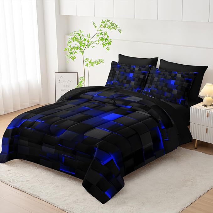 Queen Size Comforter Set 7 Piece - Black and Blue Modern Bedding, 3D Cube Design, Soft Microfiber, Gamer Bed Set, All Season