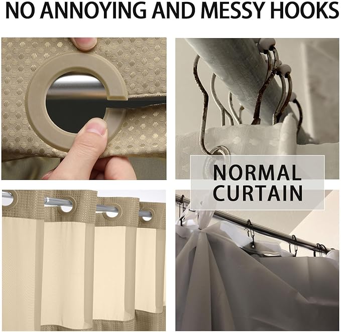 YellyHommy No Hook Shower Curtain with Snap in Liner Set Less Time Waffle Shower Curtain for Bathroom (Beige, 87" L x 72" W)