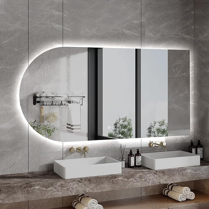 Arched LED Bathroom Mirror, 40"x24" Arch Framless Backlit Mirror with Lights Vanity Mirror for Makeup, Anti-Fog, Dimmable, 3-Color, Memory Function, IP65 Waterproof, UL Listed, Horizontal-Right