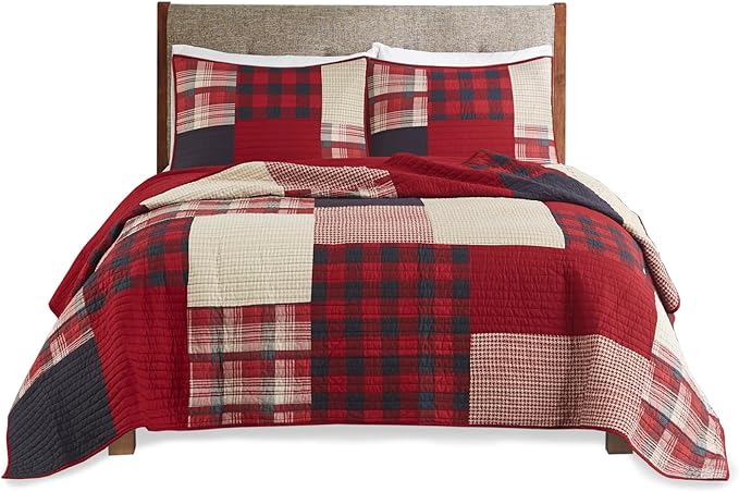 Woolrich Sunset Reversible Quilt Set - Cottage Styling Reversed to Solid Color, All Season Lightweight Coverlet, Cozy Bedding Layer, Matching Shams, Oversized King/Cal King, Plaid Red 3 Piece