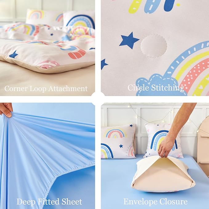 ANGIYUIN 6 Pieces Beige Rainbow Girls Comforter Set Twin Cartoon Rainbow Love Hearts and Stars Bedding Set for Girls Cute Soft Lightweight Kid Bed in A Bag with Rainbow Comforter, Sheets, Pillowcases