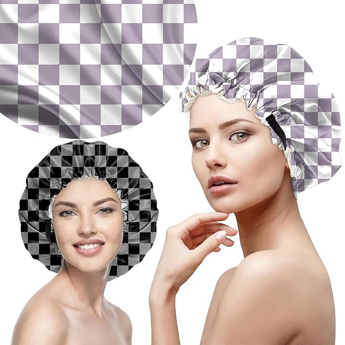 2 PCS Bonnets for Women Girls Satin Hair Bonnet Silk Adjustable Elastic Double Layer Hair Wrap Sleep Cap Comfort Cute-Purple Black Checkered