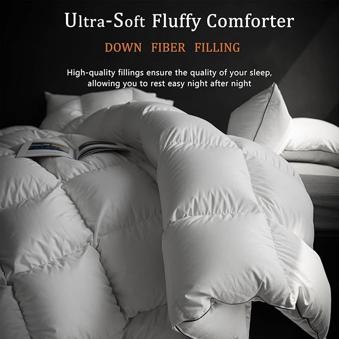 Luxury White Down Fiber Comforter Oversized King Size - Down Fiber Duvet Core for All Seasons - Hotel Collection Medium Warmth Duvet Insert - Fluffy and Cozy (120 X 98”)