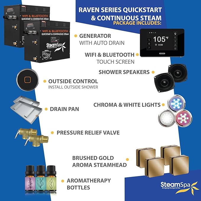 SteamSpa Steam System 21kW Steam Shower Generator with Bluetooth Wifi, Quickstart Continous Steam, Advanced Touch Pad Screen, Chroma Lights, Drain Pan and Auto Drain Gold RVBS2100GD-A