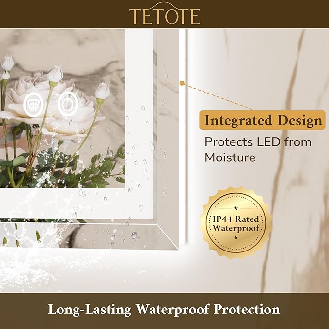 TETOTE Led Bathroom Mirror 40 x 24 Inch, Beveled Lighted Bathroom Vanity Frameless Mirror with Extra-Bright Lights, Frontlit & Backlit, Defogging, 3-Color Dimmable, Tempered Glass, Waterproof