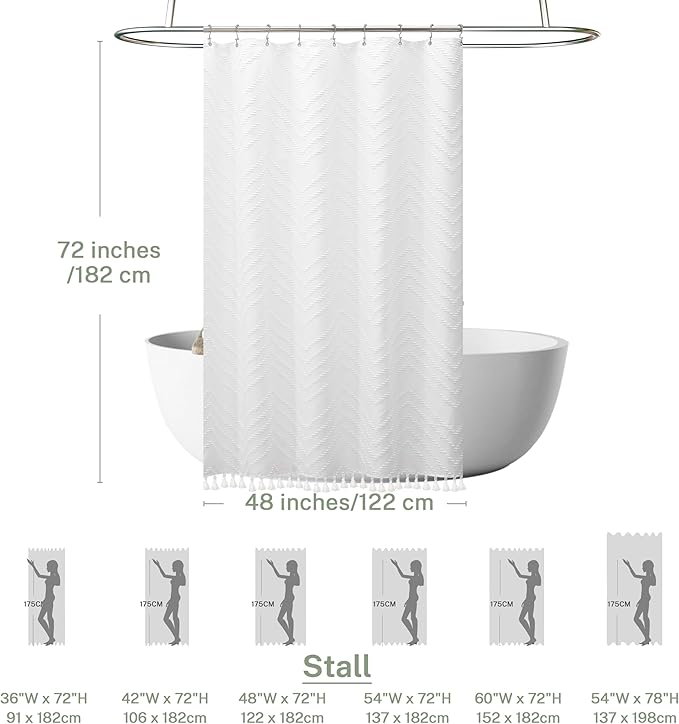 Stall Boho Woven Fabric Shower Curtain - White Tassel, 48 x 72, Modern Farmhouse Textured Tufted Chevron Striped Minimalist Bathroom Curtain