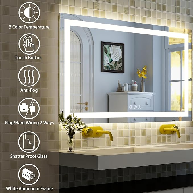 36"x 48"LED Bathroom Mirror, Backlit + Front Lit, LED Bathroom Mirror with Lights for Wall, 3 Colors, Anti-Fog, Dimmable Brightness, Memory Function, Tempered Glass