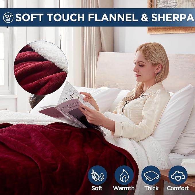 Westinghouse Electric Blanket Twin, Heated Blanket Twin Size with 10 Heating Levels and 1 to 12 Hours Heating Time Settings, Flannel to Sherpa Reversible, Machine Washable (62" x 84", Red)