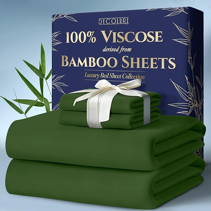 DECOLURE 100% Viscose Derived from Bamboo Sheets Cal King Size 4pcs - Ultra Soft & Luxuriously Cooling, 17" Deep Pocket, Double Stitching, Perfect for Hot Sleepers - King Bed Sheets (Olive)