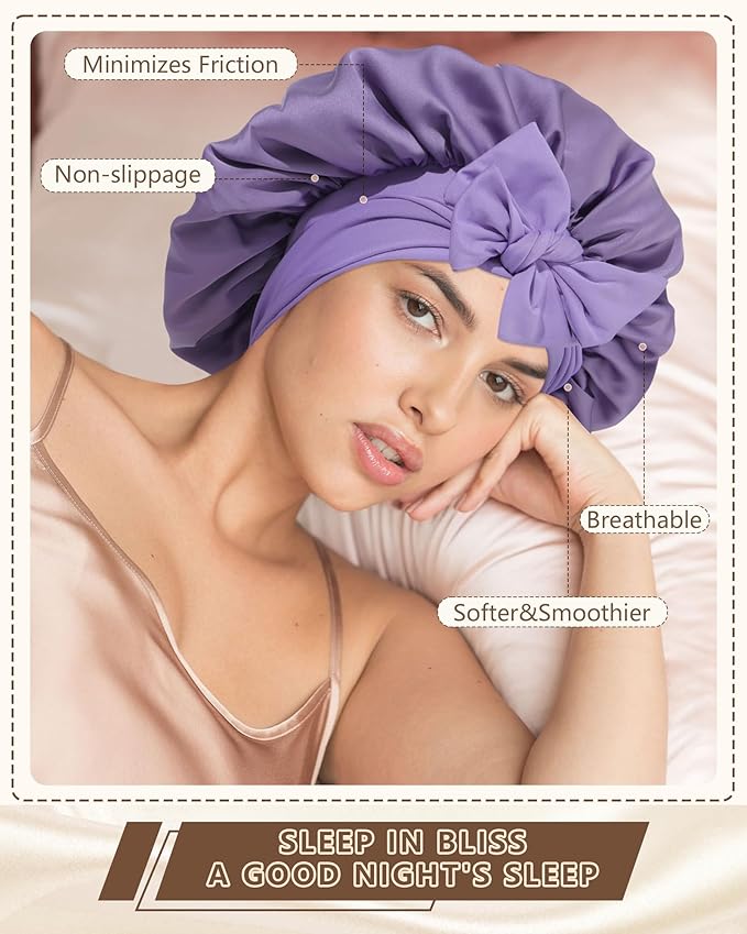 AWAYTR Women Satin Bonnet for Sleeping - Double Layer Silk Hair Bonnet with Elastic Tie Band for Braids Curly Hair