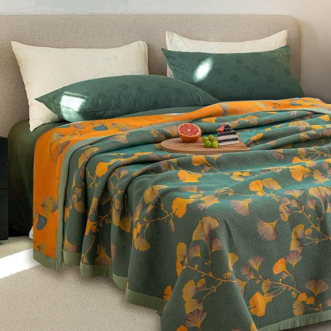 Ginkgo Leaf Cotton Quilt Dark Green Orange Reversible King Size Bedspread Coverlet for All Seasons Lightweight Muslin Quilt Throw Blanket for Bed, Couch